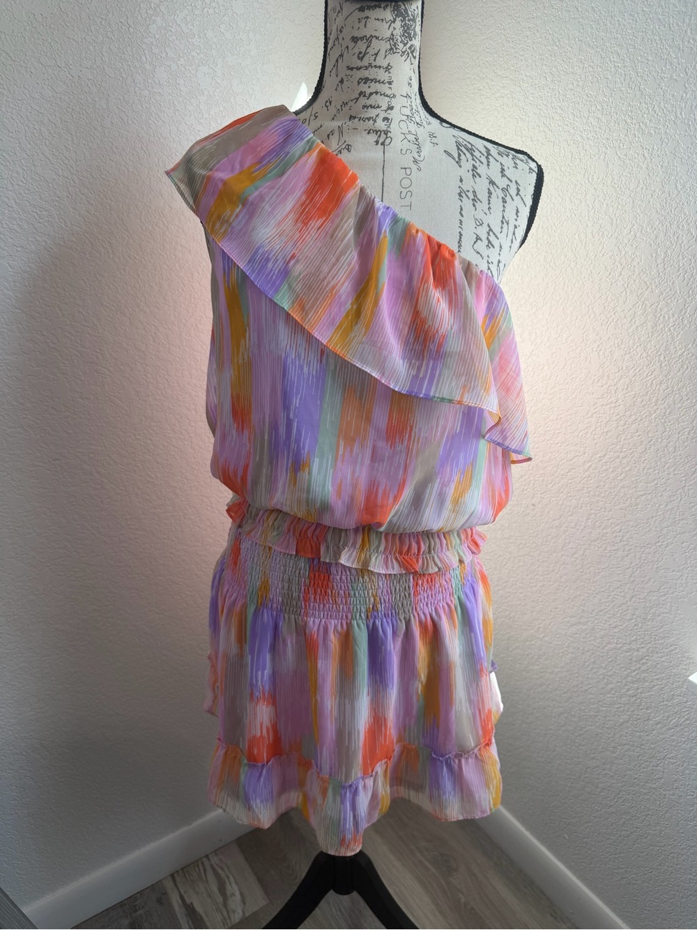 Aqua One-Shoulder Ruffled Skirt Set in Lavender, Coral & Yellow
